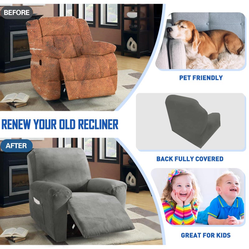 MAXIJIN Velvet 4 Piece Recliner Cover Stretch Plush Soft Cover for Chair Thick Soft Recliner Slipcover Separate Chair Cover with Side Pocket (Recliner, Gray) - Image 5